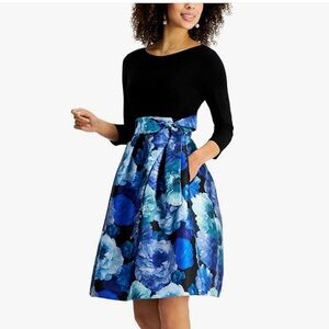 New Jessica Howard 3/4 Sleeve Tie Waist Dress with Blue Floral Pleated Skirt